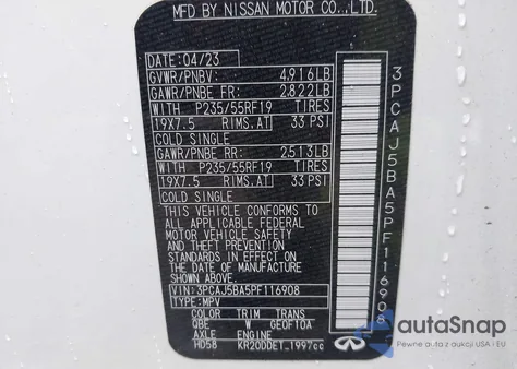 2023 Infiniti Qx50 Luxe z USA, uszkodzony, nr VIN 3PCAJ5BA5PF116908